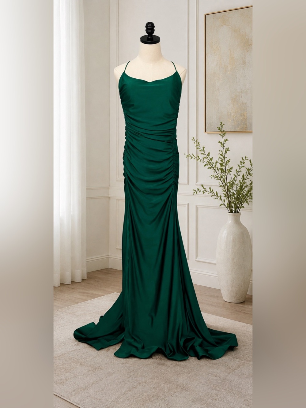 Jovani - Emerald Green Ruched Satin Formal Gown Lace-Up Corset Back